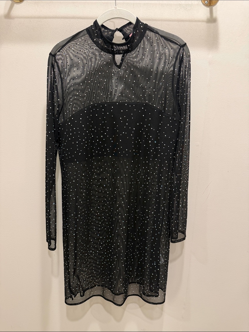 Sheer Black Rhinestone Mesh Long Sleeve Mini Dress